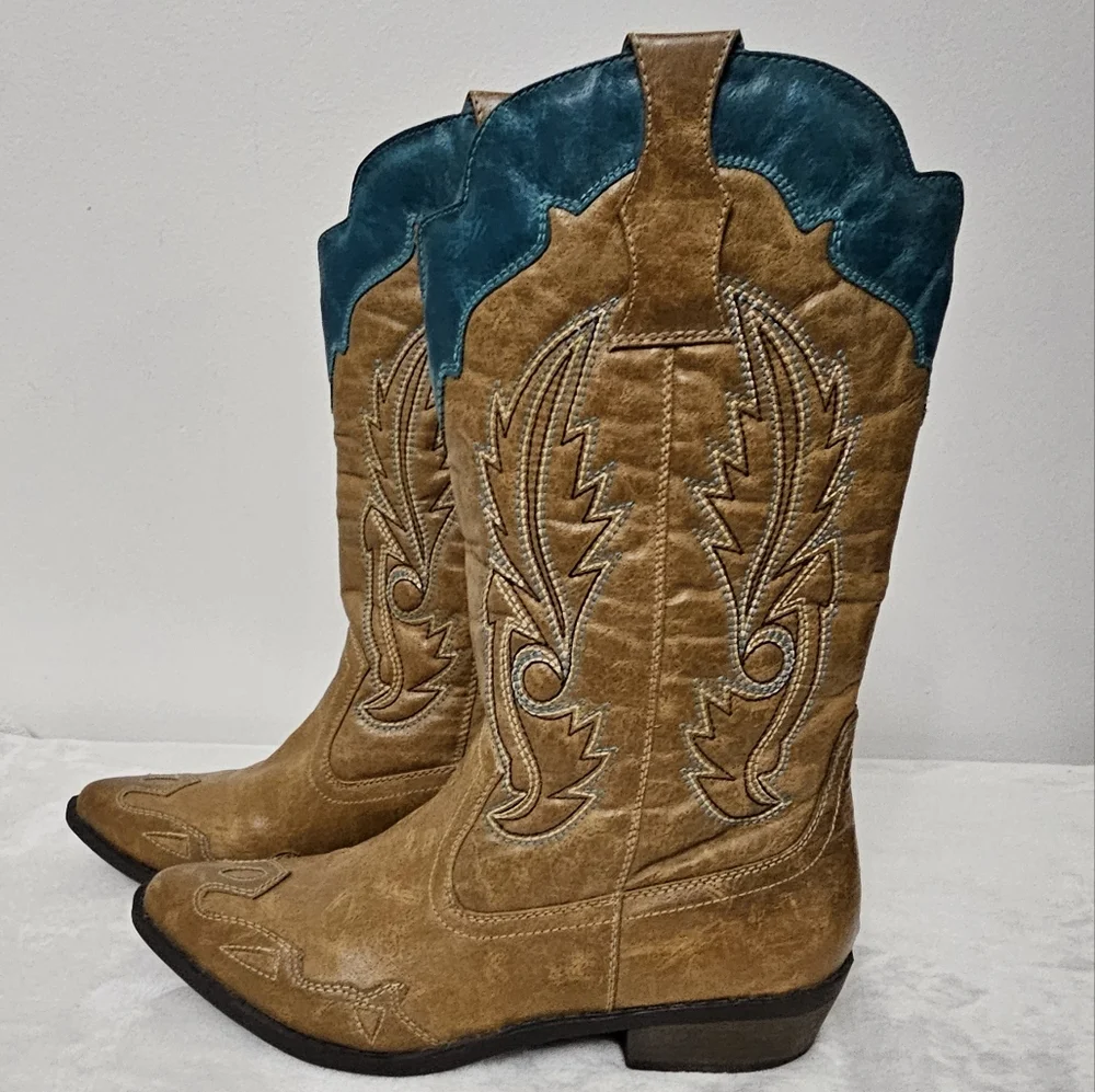Coconuts by Matisse Cimmaron Teal Tan Color Boho Western Cowgirl Boots - Picture 14 of 16